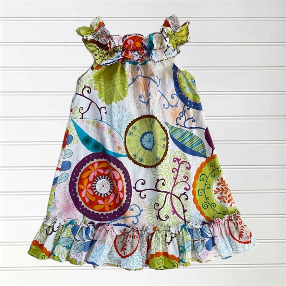 LE ZA ME EUC 100% Cotton Colorful Whimsical Floral Ruffle Dress